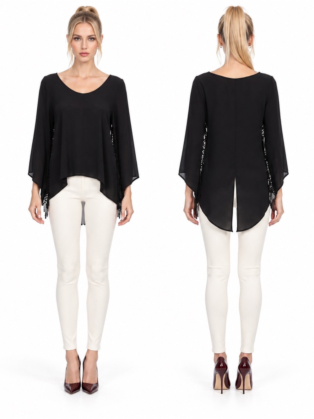 Black Semi-Sheer Chiffon Blouse Bell Sleeves w/ Tassel Fringe